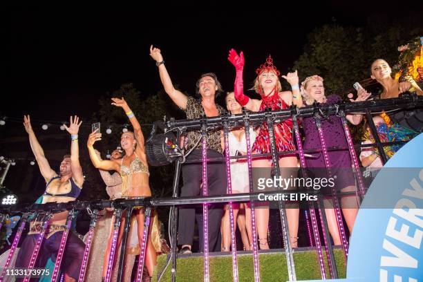 Neighbours cast dance away on their own Ramsay street float during the 2019 Sydney Gay & Lesbian Mardi Gras Parade on March 02, 2019 in Sydney,...
