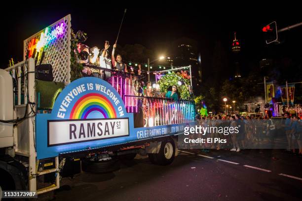 Neighbours cast dance away on their own Ramsay street float during the 2019 Sydney Gay & Lesbian Mardi Gras Parade on March 02, 2019 in Sydney,...