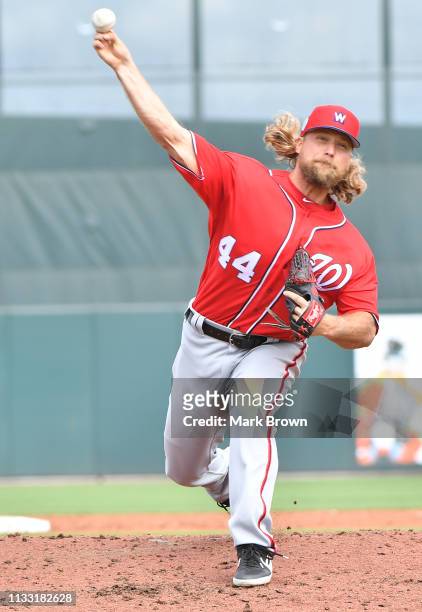 Trevor Rosenthal of the Washington Nationals pitching in the third inning against the Miami Marlins at Roger Dean Stadium on March 1, 2019 in...