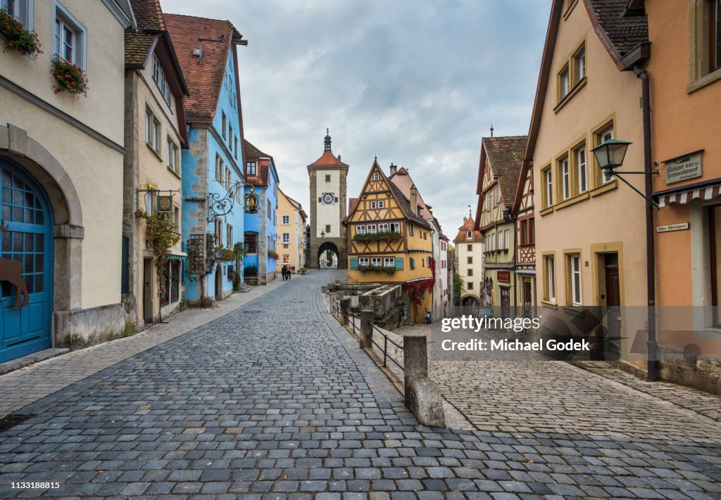 Famous intersection with stunning medieval buildings in Rothenburg Germany