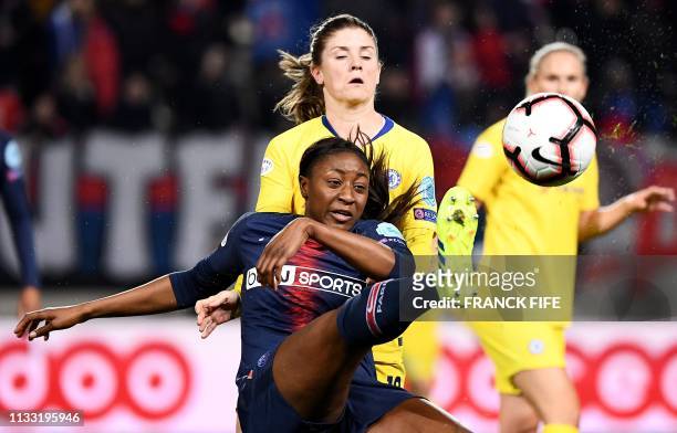 Paris Saint-Germain's French forward Kadidiatou Diani vies for the ball with a Chelsea player during the UEFA Women's Champions League quarter final...