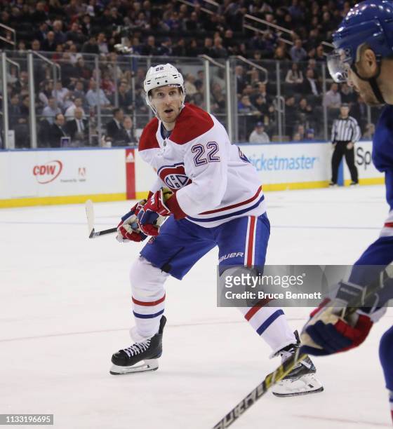 Dale Weise of the Montreal Canadiens skates against the New York Rangers at Madison Square Garden on March 01, 2019 in New York City. The Canadiens...