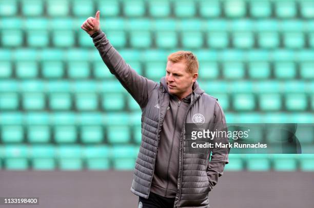 Neil Lennon, Interim manager of Celtic takes a look around the pitch prior to the Scottish Cup quarter final match between Hibernian and Celtic at...