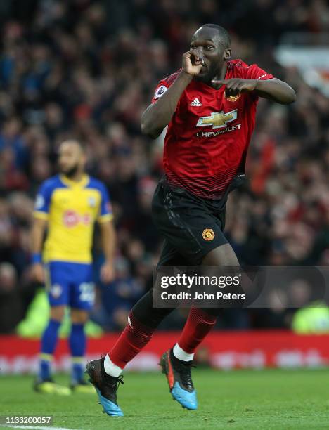 Romelu Lukaku of Manchester United celebrates scoring their second goal during the Premier League match between Manchester United and Southampton FC...