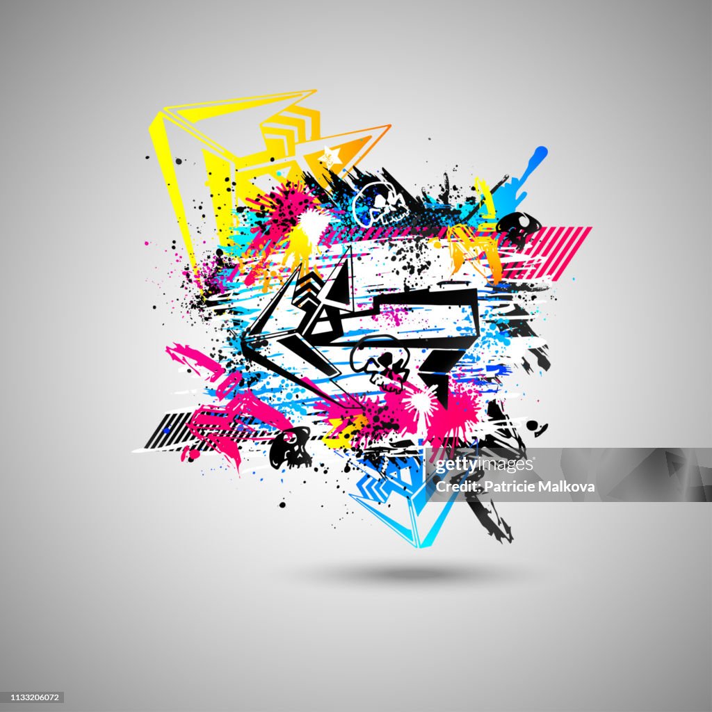 Abstract graffiti background with design elements and skulls, street art design with grunge texture