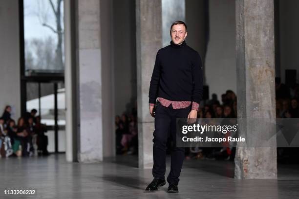 Model walks the runway during the Cedric Charlier show as part of the Paris Fashion Week Womenswear Fall/Winter 2019/2020 on March 02, 2019 in Paris,...