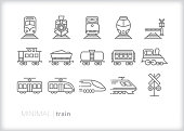 Train line icons of commuter, freight, steam and electric trains for transport, hauling and moving passengers
