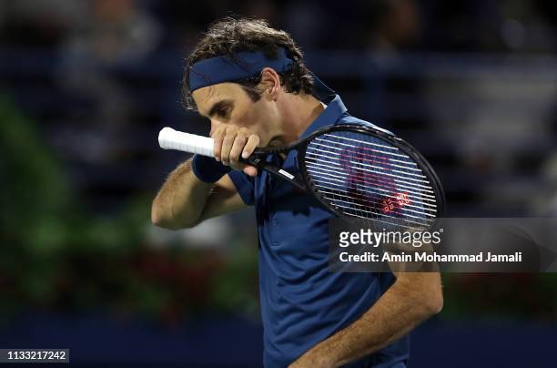 Roger Federer of Switzerland react against Stefanos Tsitsipas of Greece during day Fourteen of the Dubai Duty Free Tennis Stadium on at Dubai Duty...