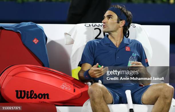 Roger Federer of Switzerland react against Stefanos Tsitsipas of Greece during day Fourteen of the Dubai Duty Free Tennis Stadium on at Dubai Duty...