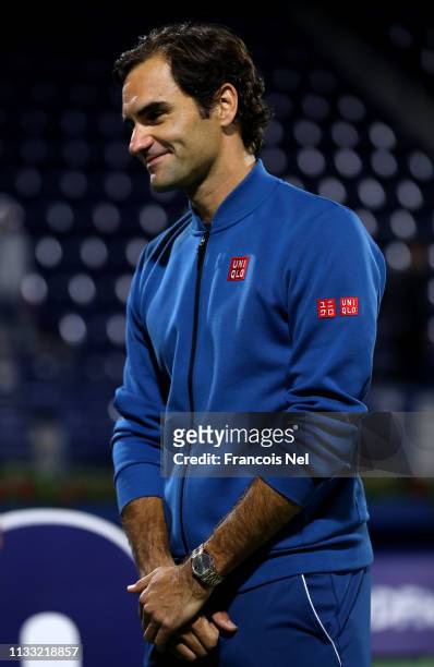 Roger Federer of Switzerland speaks to media after his victory of the Men's Singles Final match against Stefanos Tsitsiipas of Greece during day...