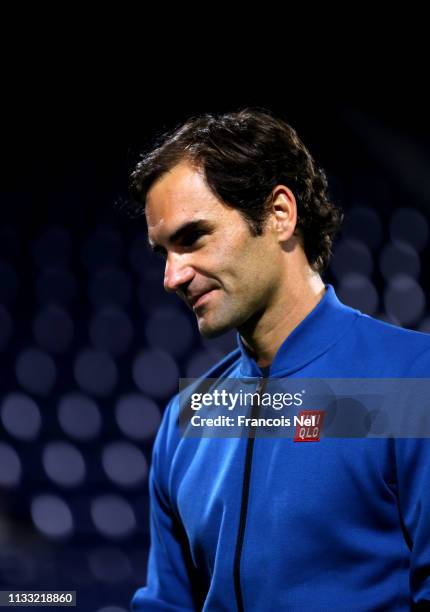 Roger Federer of Switzerland speaks to media after his victory of the Men's Singles Final match against Stefanos Tsitsiipas of Greece during day...