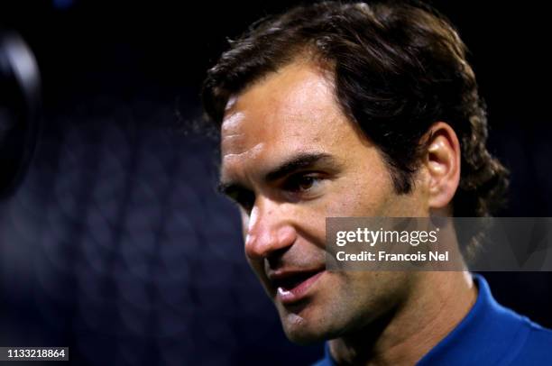 Roger Federer of Switzerland speaks to media after his victory of the Men's Singles Final match against Stefanos Tsitsiipas of Greece during day...