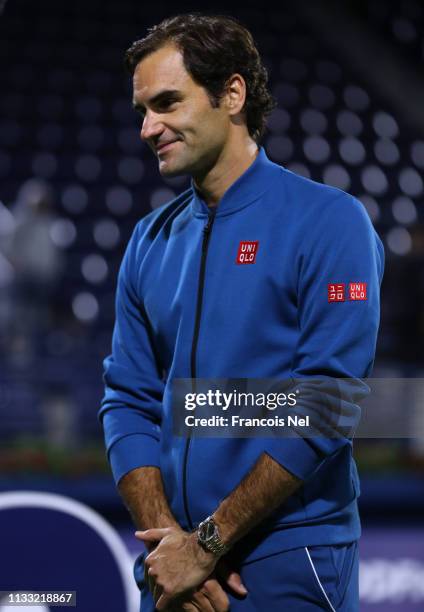 Roger Federer of Switzerland speaks to media after his victory of the Men's Singles Final match against Stefanos Tsitsiipas of Greece during day...