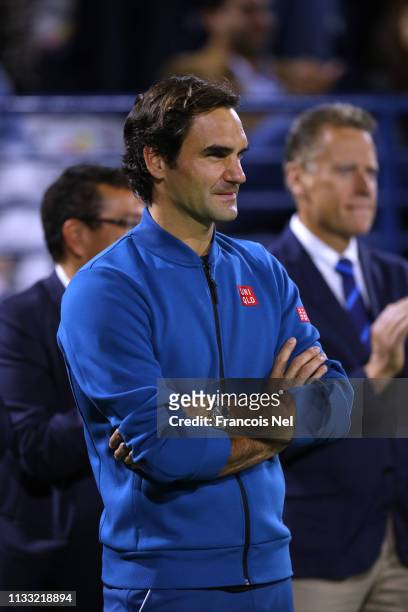 Roger Federer of Switzerland looks on after his Men's Singles Final match against Stefanos Tsitsipas of Greece during day fourteen of the Dubai Duty...