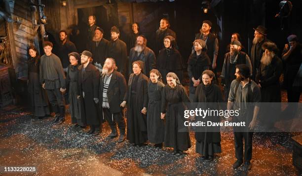 The cast bows at the curtain call during the press night performance of "Fiddler On The Roof" at The Playhouse Theatre on March 27, 2019 in London,...