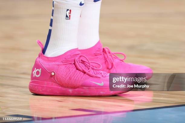Sneakers worn by Kevin Durant of the Golden State Warriors against the Memphis Grizzlies on March 27, 2019 at FedExForum in Memphis, Tennessee. NOTE...