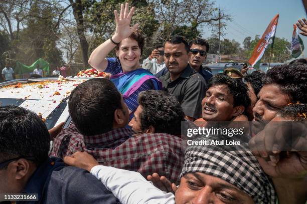 Congress Party's Priyanka Gandhi campaigns on March 27, 2019 in Uttar Pradesh, India. Congress leader Priyanka Gandhi Vadra, the sister of Rahul...