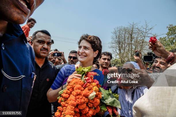 Congress Party's Priyanka Gandhi campaigns on March 27, 2019 in Uttar Pradesh, India. Congress leader Priyanka Gandhi Vadra, the sister of Rahul...