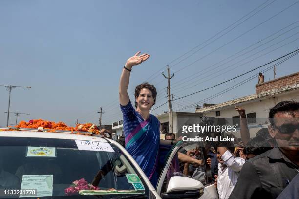 Congress Party's Priyanka Gandhi campaigns on March 27, 2019 in Uttar Pradesh, India. Congress leader Priyanka Gandhi Vadra, the sister of Rahul...