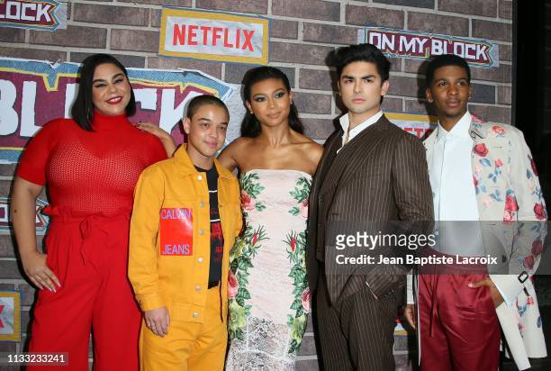 Jessica Maria Garcia, Jason Genao, Sierra Capri, Diego Tinoco and Brett Gray attend the premiere of Netflix's 'On My Block' Season 2 held at Petty...