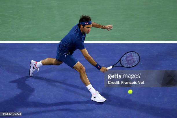 Roger Federer of Switzerland plays a shot in his Men's Singles Final match against Stefanos Tsitsipas of Greece during day fourteen of the Dubai Duty...