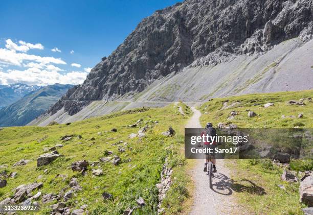 alpine mountainbiking at graubünden mountains nearby davos, switzerland. - graubunden canton stock pictures, royalty-free photos & images