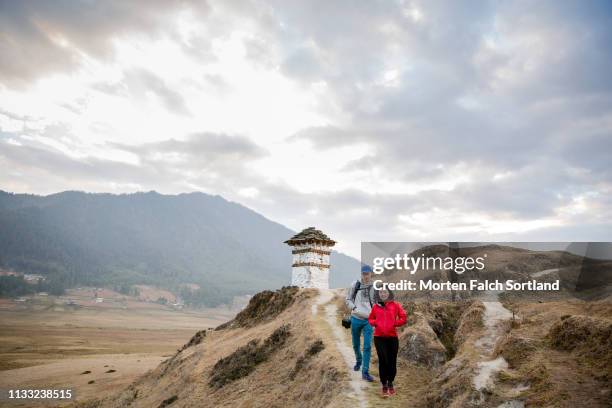 a charming couple hiking down a footpath in yekho, bhutan - bután fotografías e imágenes de stock