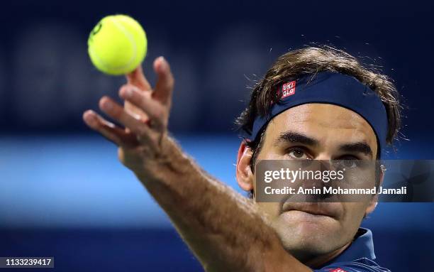 Roger Federer of Switzerland in action against Stefanos Tsitsipas of Greece during day Fourteen of the Dubai Duty Free Tennis Stadium on at Dubai...