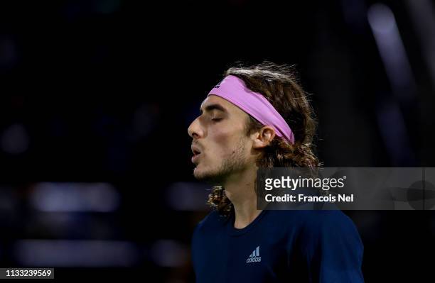 Stefanos Tsitsipas of Greece reacts in his Men's Singles Final match against Roger Federer of Switzerland during day fourteen of the Dubai Duty Free...