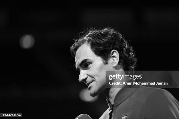 Roger Federer of Switzerland looks on after defeating Stefanos Tsitsipas of Greece in their final during day Fourteen of the Dubai Duty Free Tennis...