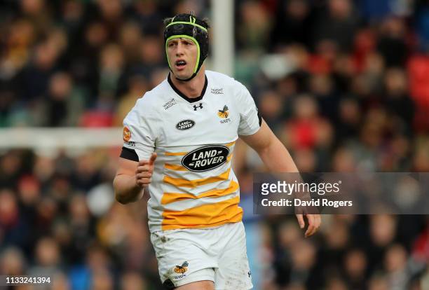 James Gaskell of Wasps looks on during the Gallagher Premiership Rugby match between Leicester Tigers and Wasps at Welford Road Stadium on March 02,...