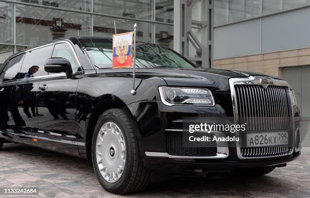 Russia's President Vladimir Putin's Aurus limousine is seen during Putin's visit in Bishkek, Kyrgyzstan on March 28, 2019.