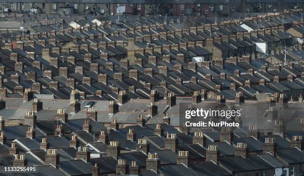 General view of roofs with chimneys in Dublin Cabra area. On Wednesday, March 27 in Dublin, Ireland.