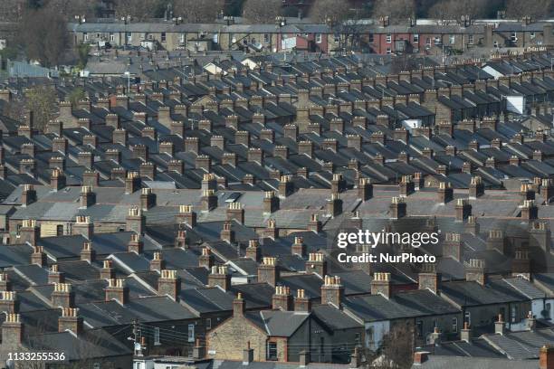 General view of roofs with chimneys in Dublin Cabra area. On Wednesday, March 27 in Dublin, Ireland.