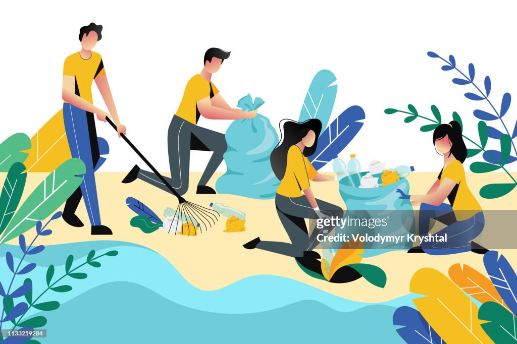 Volunteering, charity social concept. Volunteer people cleaning garbage on beach area or city park, vector illustration