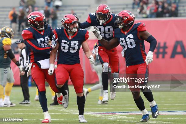 Davis Tull of Memphis Express is congratulated by his teammates after an interception against the San Diego Fleet during the first half in the...