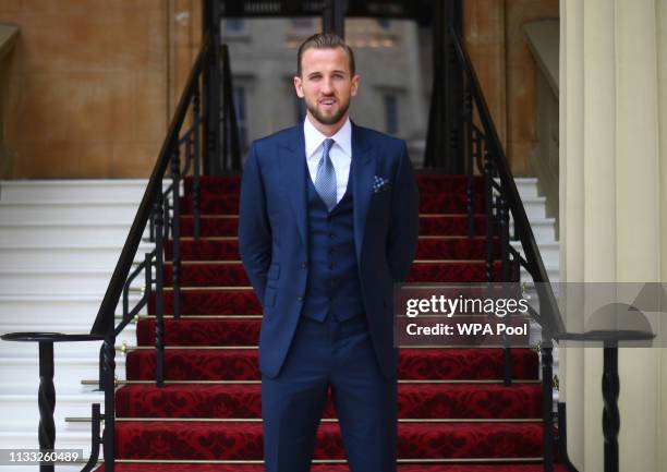 England football captain and Tottenham Hotspur player Harry Kane arrives for his investiture ceremony at Buckingham Palace on March 28, 2019 in...