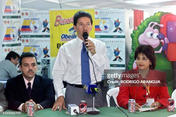 The mayor of Medellin, Colombia, Luis Perez , Medellin Manager of the Inder Francisco Zavala and Copa America press coordinator Maria Victoria...