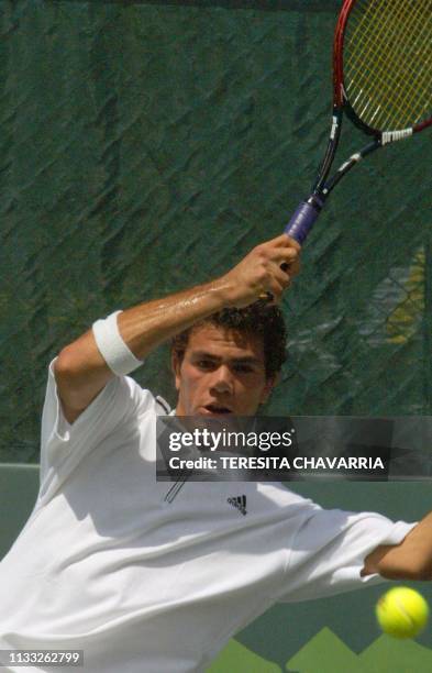 Number one player of the Dutch Antilles, Jean-Julian Rojer, hits the ball in a selection match for the Davis Cup, in San Jose, Costa Rica, 09...