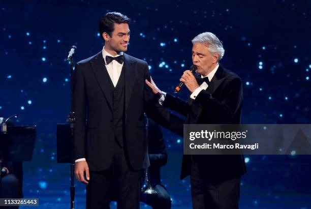 Italian tenor Andrea Bocelli with his son Matteo perform on stage in the occasion of the 64th edition of the David di Donatello Awards in Rome, Italy...