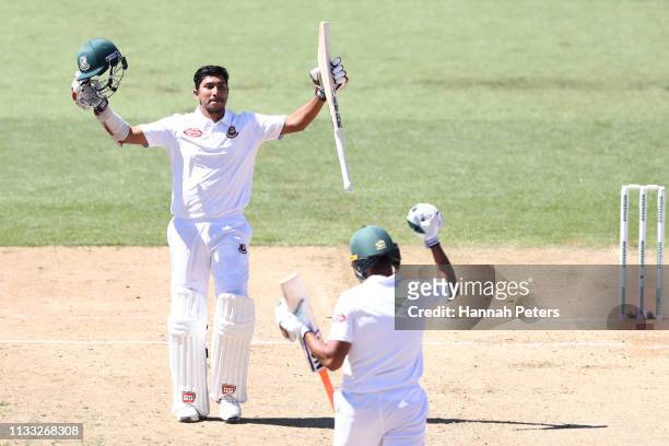 Soumya Sarkar of Bangladesh celebrates after scoring a century during day four of the First Test match in the series between New Zealand and...