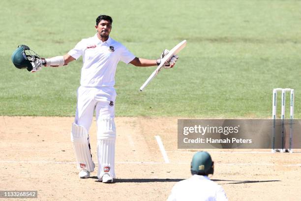 Soumya Sarkar of Bangladesh celebrates after scoring a century during day four of the First Test match in the series between New Zealand and...