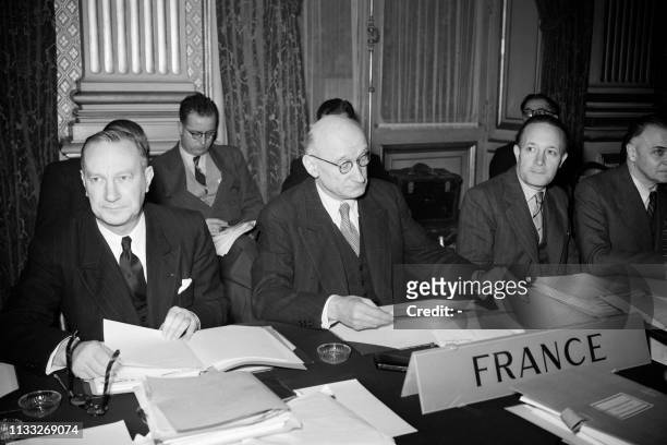 The Foreign Ministers of the twelve Western Europe countries meet on November 03, 1949 in the Clock room of the Ministry of Foreign Affairs at the...