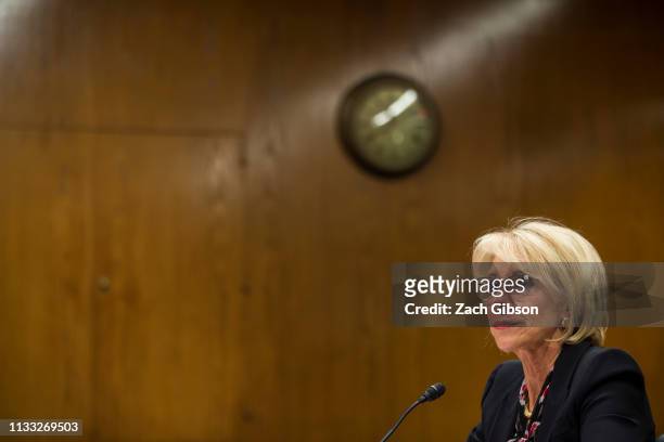 Secretary of Education Betsy DeVos testifies during a Senate Labor, Health and Human Services, Education and Related Agencies Subcommittee discussing...