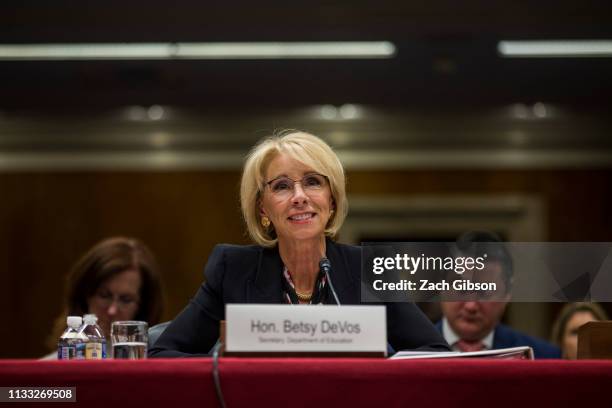 Secretary of Education Betsy DeVos testifies during a Senate Labor, Health and Human Services, Education and Related Agencies Subcommittee discussing...