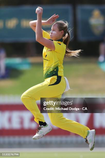 Lauren Cheatle of Australia bowls during game three of the One Day International Series between Australia and New Zealand at Junction Oval on March...