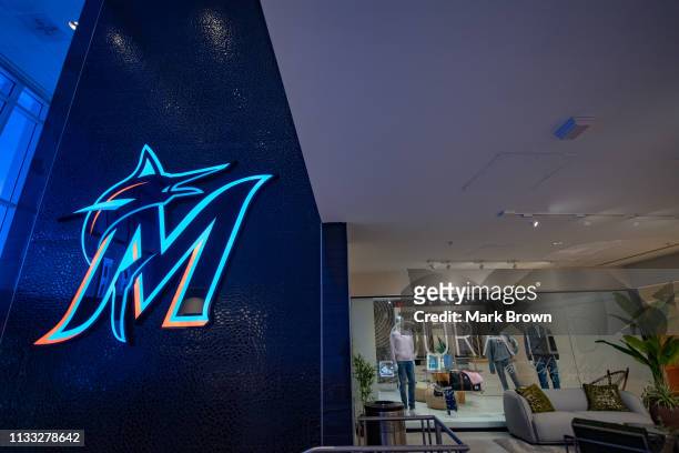 General view of the new Miami Marlins logo in Marlins Park before the game between the Miami Marlins and the Colorado Rockies on Opening Day at...