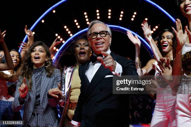 Fashion designer Tommy Hilfiger, Zendaya Coleman and Grace Jones during the Tommy Hilfiger TOMMYNOW Spring 2019 : TommyXZendaya Premieres at Theatre...