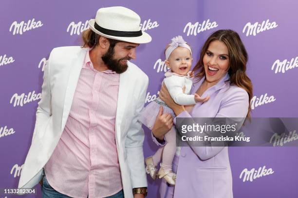 Chris Welch, Hana Nitsche and her daugther Aliya during the Milka Easter Event with Lieferando.de in Duesseldorf on March 28, 2019 in Duesseldorf,...