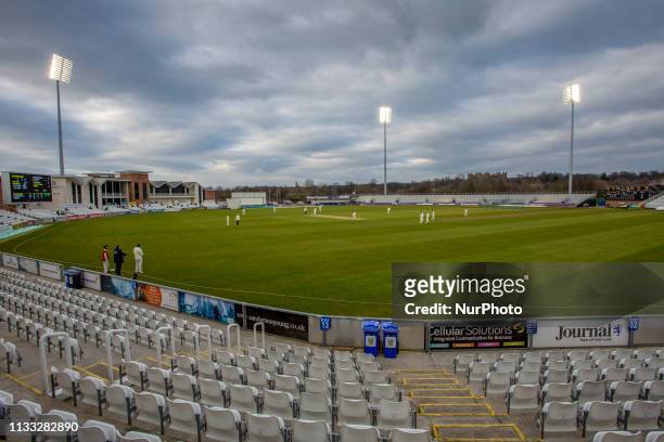 General view of the ground with the floodlights on during the MCC University match between Durham County Cricket Club and Durham MCCU at Emirates...